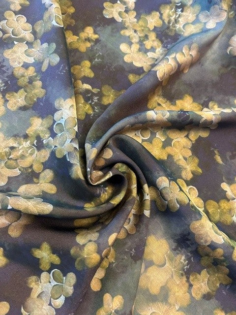 Ochre & Golden Tan Floral Print on Purple & Green - 100% Polyester - 150cms Wide