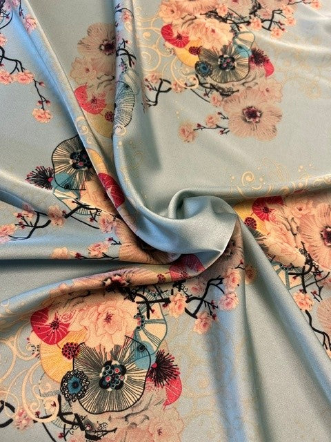 Duck Egg Japanese Botanical Print - 100% Polyester Satin - 150cm Wide