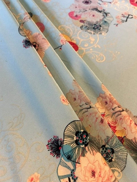 Duck Egg Japanese Botanical Print - 100% Polyester Satin - 150cm Wide