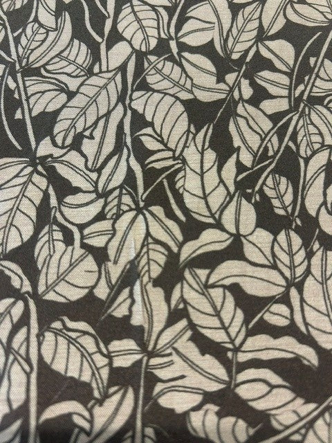 Brown Matt Satin with Taupe Botanical Leaf Print - 100% Polyester - 150cms Wide