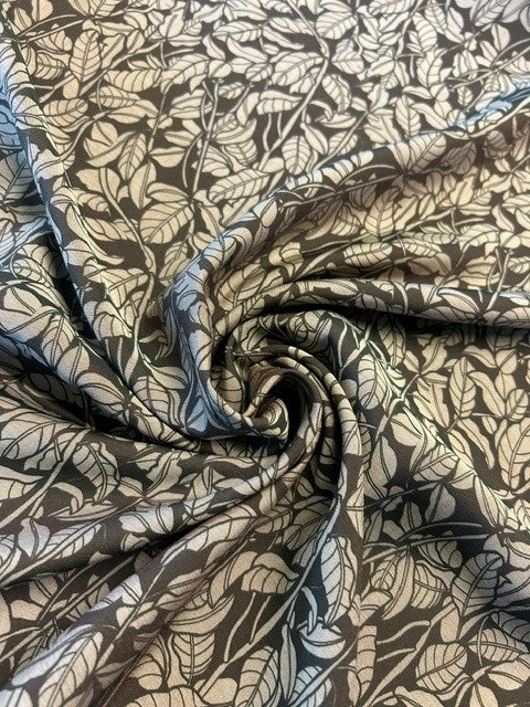 Brown Matt Satin with Taupe Botanical Leaf Print - 100% Polyester - 150cms Wide