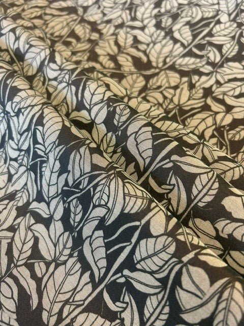 Brown Matt Satin with Taupe Botanical Leaf Print - 100% Polyester - 150cms Wide