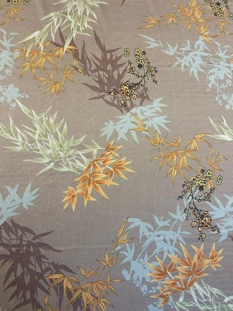 Dusky Pink Oriental Printed Satin with Amber & Silver Bamboo & Cherry Blossom - 100% Polyester - 150cm Wide