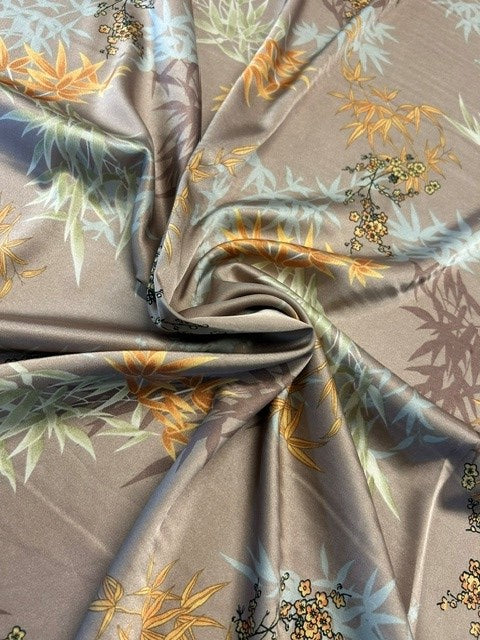 Dusky Pink Oriental Printed Satin with Amber & Silver Bamboo & Cherry Blossom - 100% Polyester - 150cm Wide