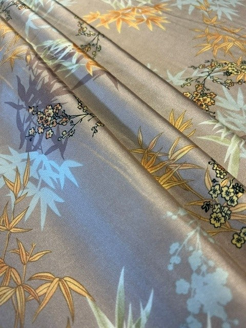 Dusky Pink Oriental Printed Satin with Amber & Silver Bamboo & Cherry Blossom - 100% Polyester - 150cm Wide