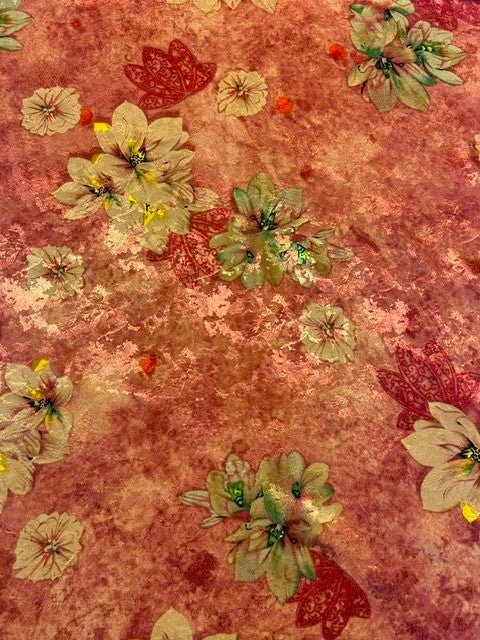 Golden & Green Printed Flower Motifs on Warm Coral - 100% Polyester - 150cms Wide