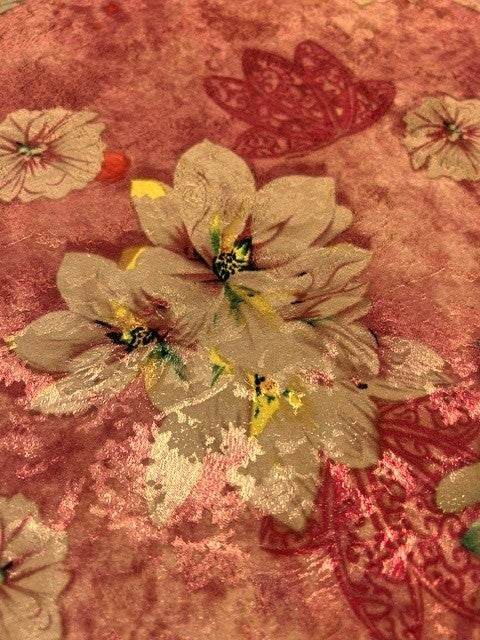 Golden & Green Printed Flower Motifs on Warm Coral - 100% Polyester - 150cms Wide