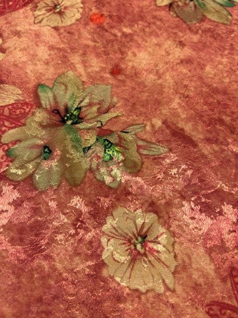 Golden & Green Printed Flower Motifs on Warm Coral - 100% Polyester - 150cms Wide