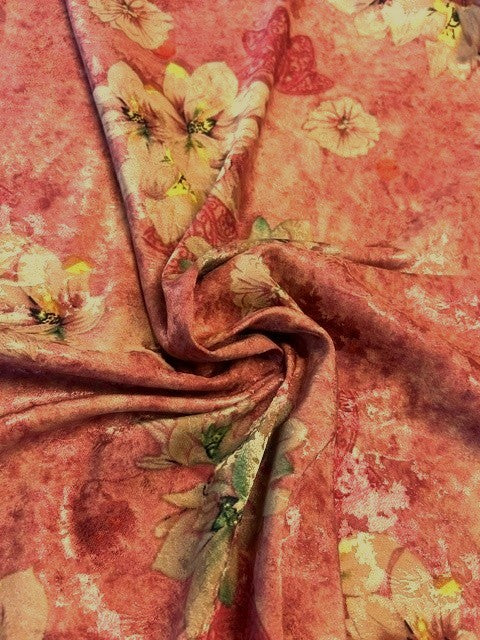 Golden & Green Printed Flower Motifs on Warm Coral - 100% Polyester - 150cms Wide