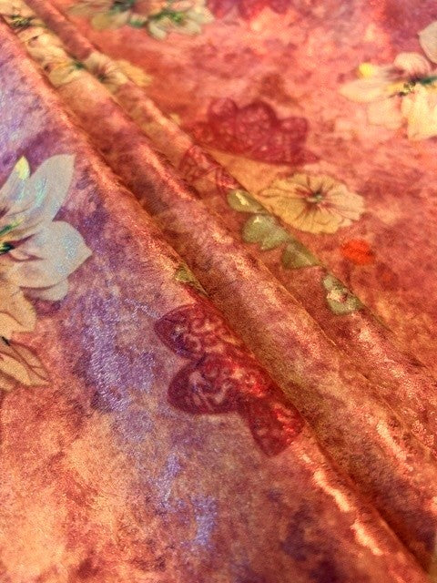 Golden & Green Printed Flower Motifs on Warm Coral - 100% Polyester - 150cms Wide