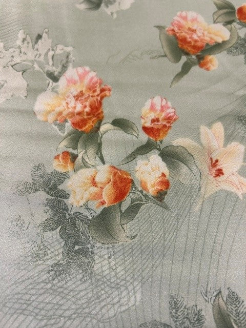 Pale Grey Floral Printed Fabric With Soft Peach Blossoms - 100% Polyester - 150cms Wide