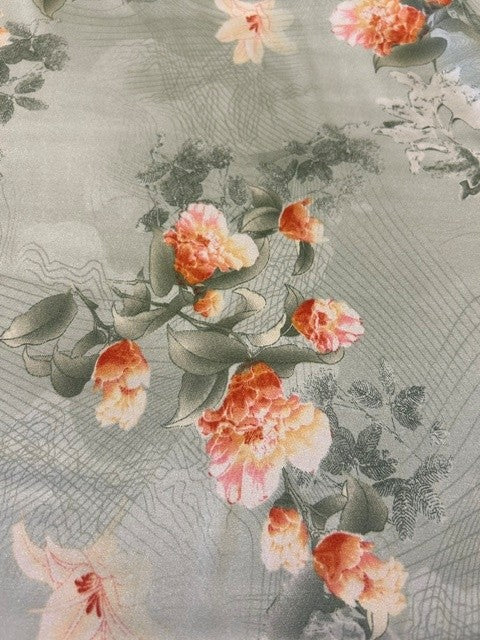 Pale Grey Floral Printed Fabric With Soft Peach Blossoms - 100% Polyester - 150cms Wide