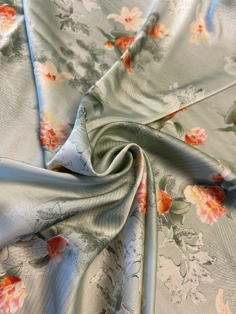 Pale Grey Floral Printed Fabric With Soft Peach Blossoms - 100% Polyester - 150cms Wide
