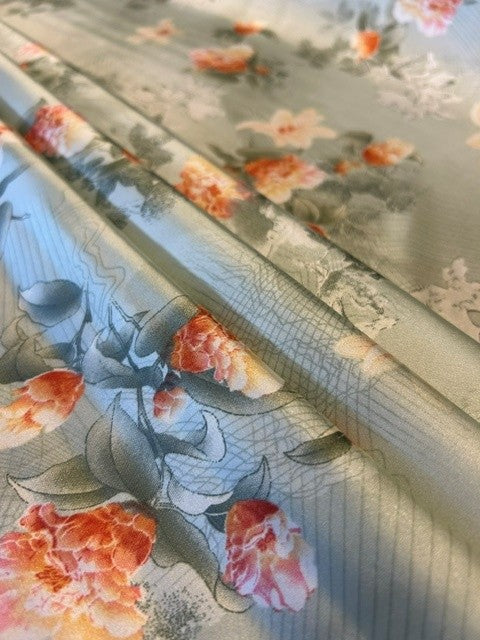 Pale Grey Floral Printed Fabric With Soft Peach Blossoms - 100% Polyester - 150cms Wide