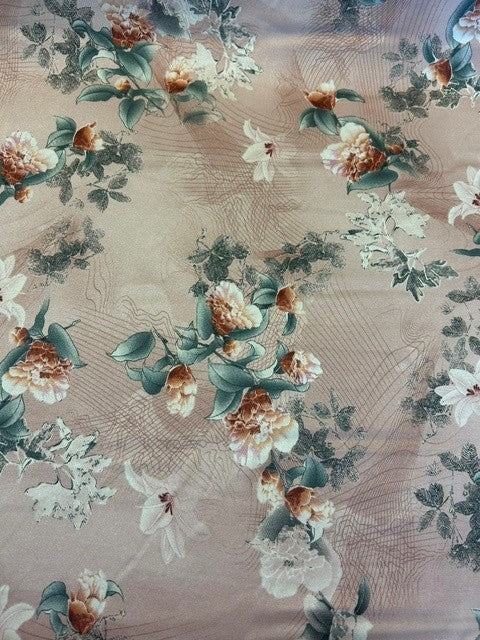 Pink Printed Floral With Grey Leaves Muted Pink & Peach Blossoms - 100% Polyester - 150cms Wide