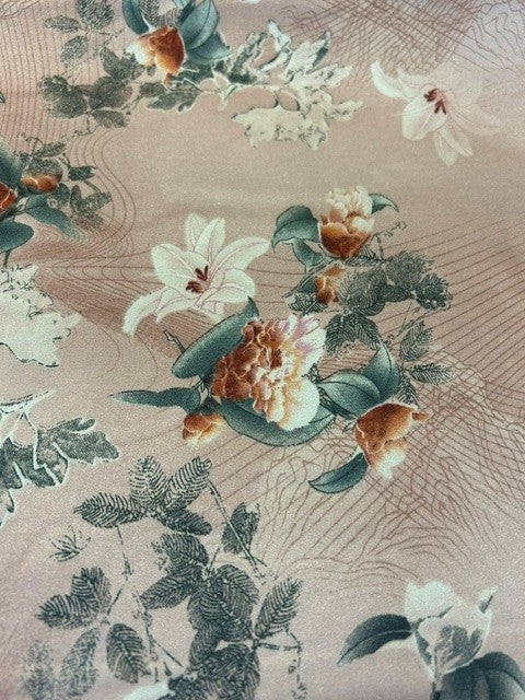 Pink Printed Floral With Grey Leaves Muted Pink & Peach Blossoms - 100% Polyester - 150cms Wide