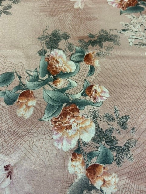 Pink Printed Floral With Grey Leaves Muted Pink & Peach Blossoms - 100% Polyester - 150cms Wide