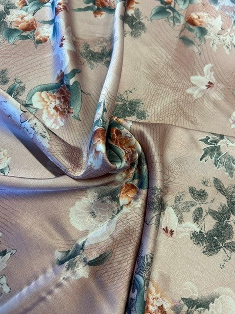 Pink Printed Floral With Grey Leaves Muted Pink & Peach Blossoms - 100% Polyester - 150cms Wide
