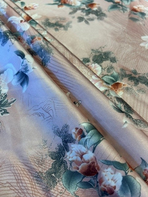 Pink Printed Floral With Grey Leaves Muted Pink & Peach Blossoms - 100% Polyester - 150cms Wide