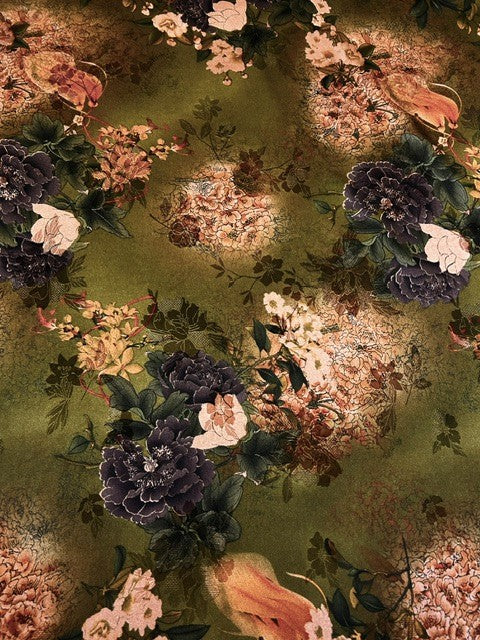 Deep Purple, Pink & Gold Floral  on Olive Green Chinoiserie Satin - 100% Polyester - 145cms