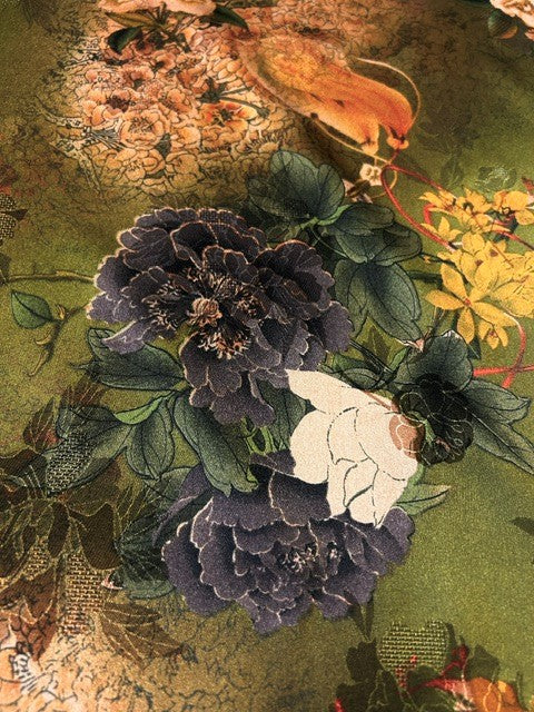 Deep Purple, Pink & Gold Floral  on Olive Green Chinoiserie Satin - 100% Polyester - 145cms