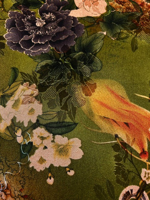 Deep Purple, Pink & Gold Floral  on Olive Green Chinoiserie Satin - 100% Polyester - 145cms