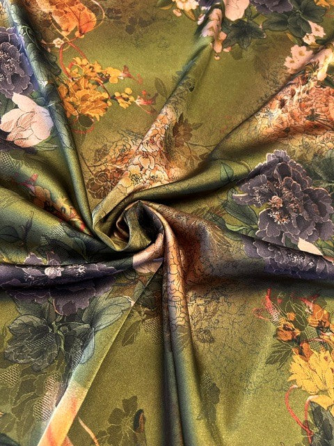 Deep Purple, Pink & Gold Floral  on Olive Green Chinoiserie Satin - 100% Polyester - 145cms