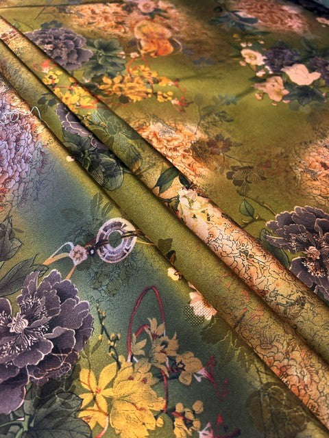 Deep Purple, Pink & Gold Floral  on Olive Green Chinoiserie Satin - 100% Polyester - 145cms