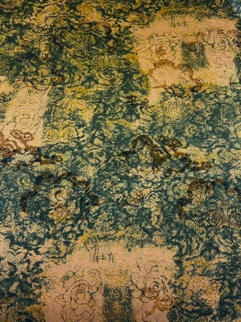 Abstract Olive & Gold Print - Chinoiserie Satin - 100% Polyester - 145cms