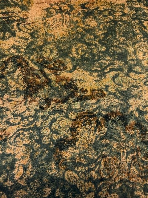 Abstract Olive & Gold Print - Chinoiserie Satin - 100% Polyester - 145cms