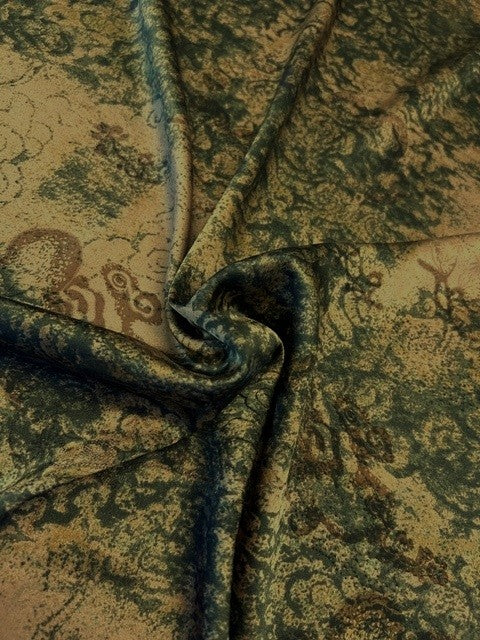 Abstract Olive & Gold Print - Chinoiserie Satin - 100% Polyester - 145cms