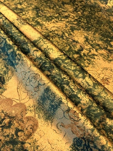 Abstract Olive & Gold Print - Chinoiserie Satin - 100% Polyester - 145cms
