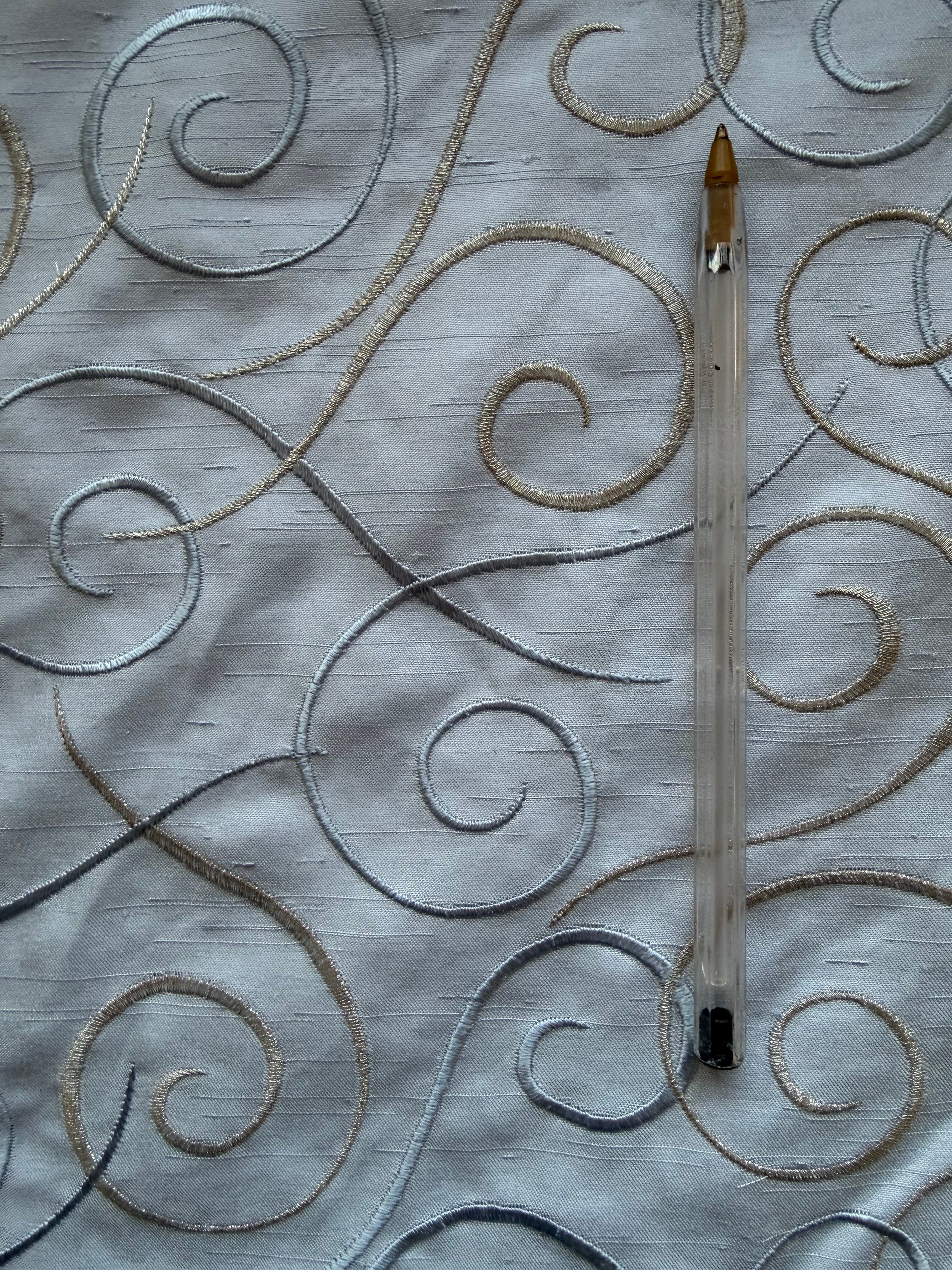 Austrian Embroidered Satin-Backed Dupion Fabric – Steel Blue with Blue & Silver Swirls | 112 cm Wide