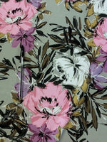 Mauve & Pink Blooms on Sage Green 100% Polyester Crepe, 150cm, 190g/m2.  Roll Size 3.8m.