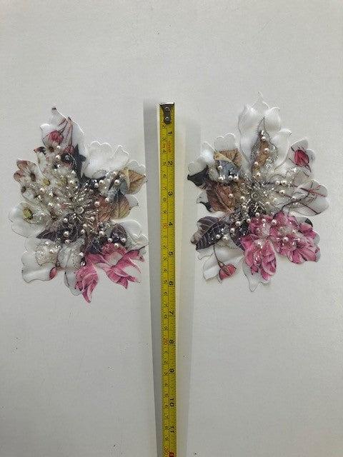 Floral Printed Applique with Lurex Detail, Pearls and Beads