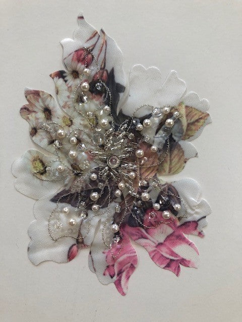 Floral Printed Applique with Lurex Detail, Pearls and Beads