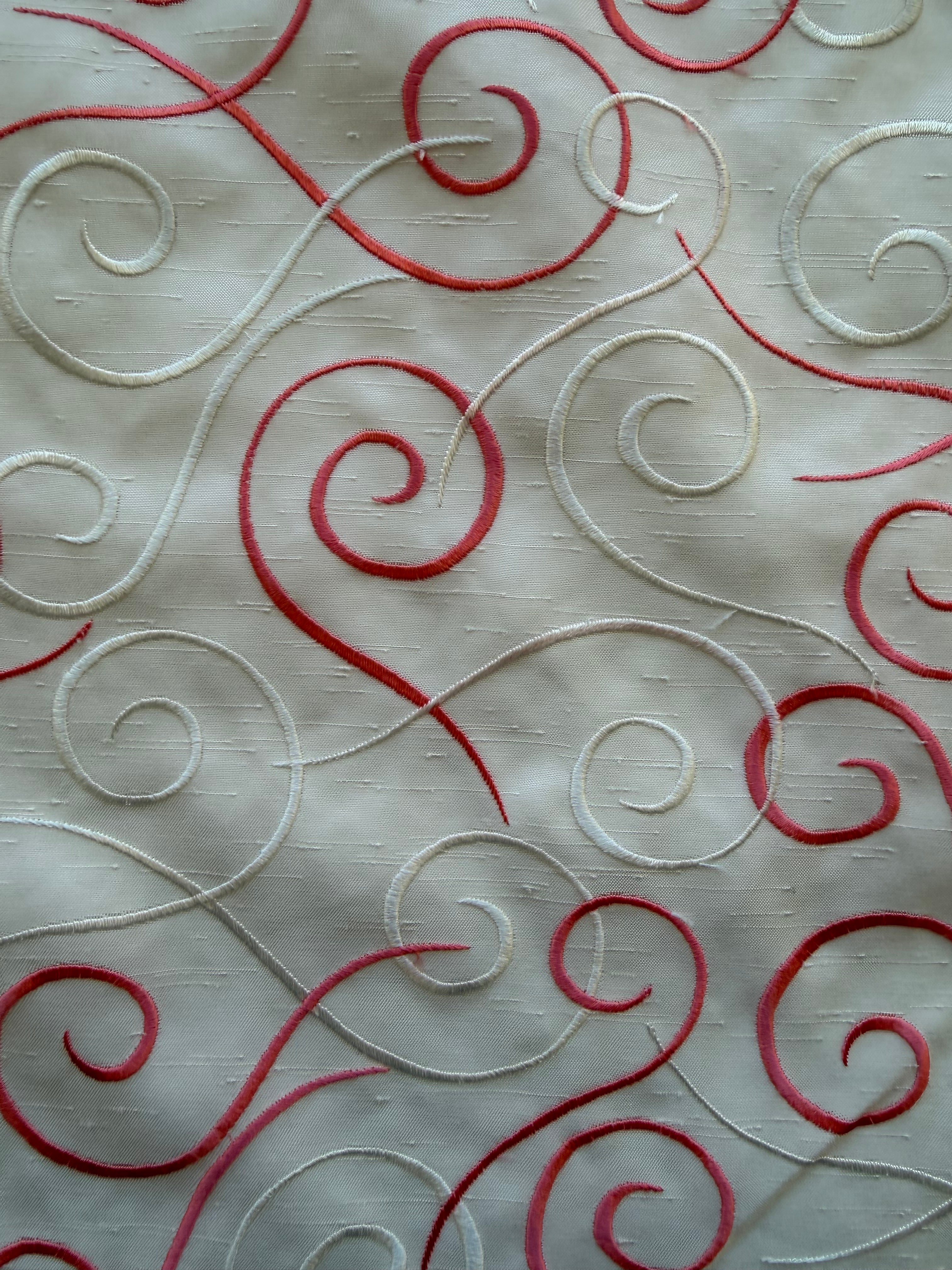 Austrian Embroidered Satin-Backed Dupion Fabric – Ivory with Ivory & Coral Swirls | 112 cm Wide