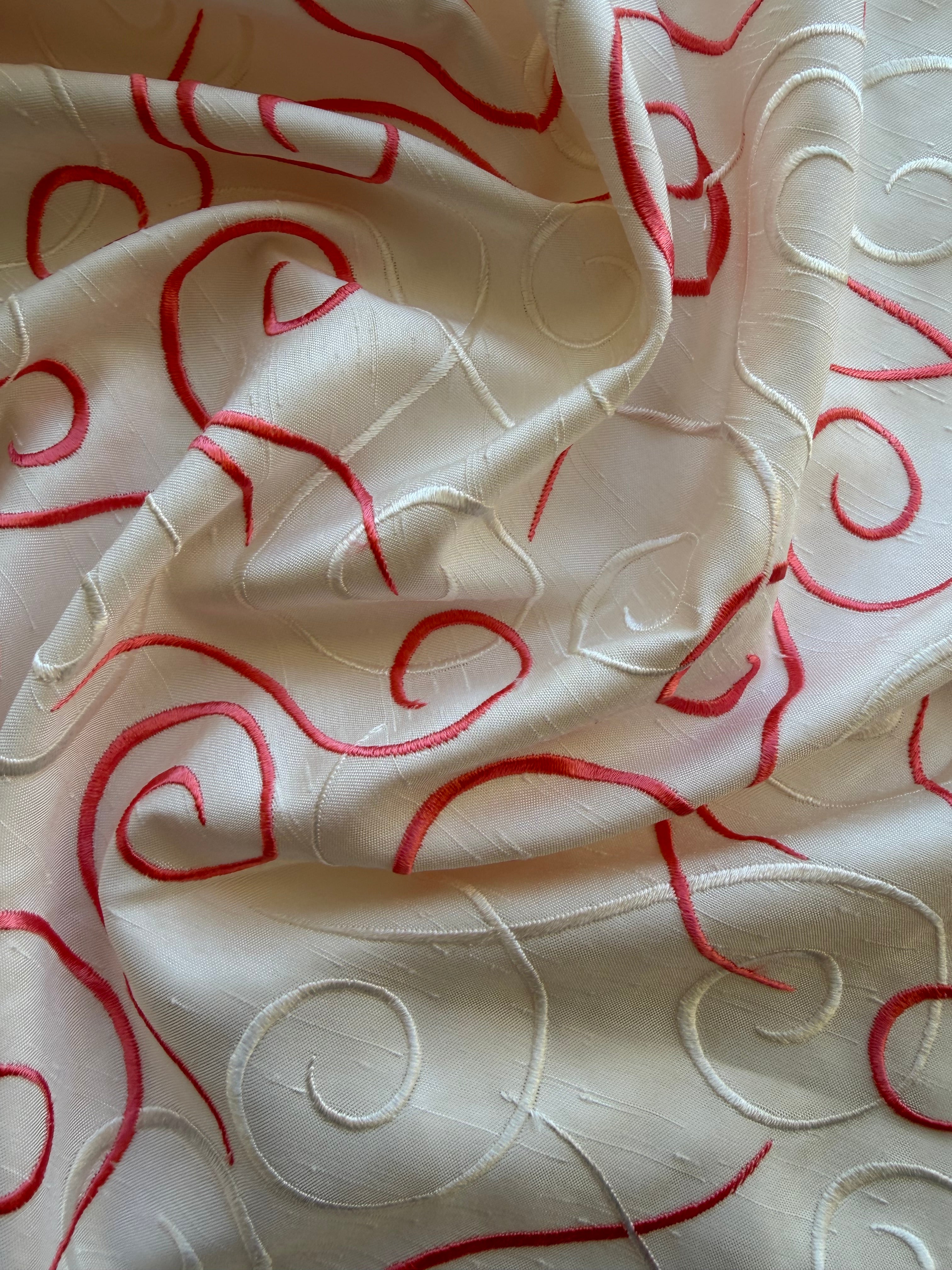Austrian Embroidered Satin-Backed Dupion Fabric – Ivory with Ivory & Coral Swirls | 112 cm Wide