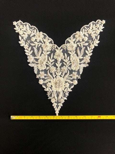 Ivory Embroidered Lace, Beaded & Crystal Sequin Neckline Motif