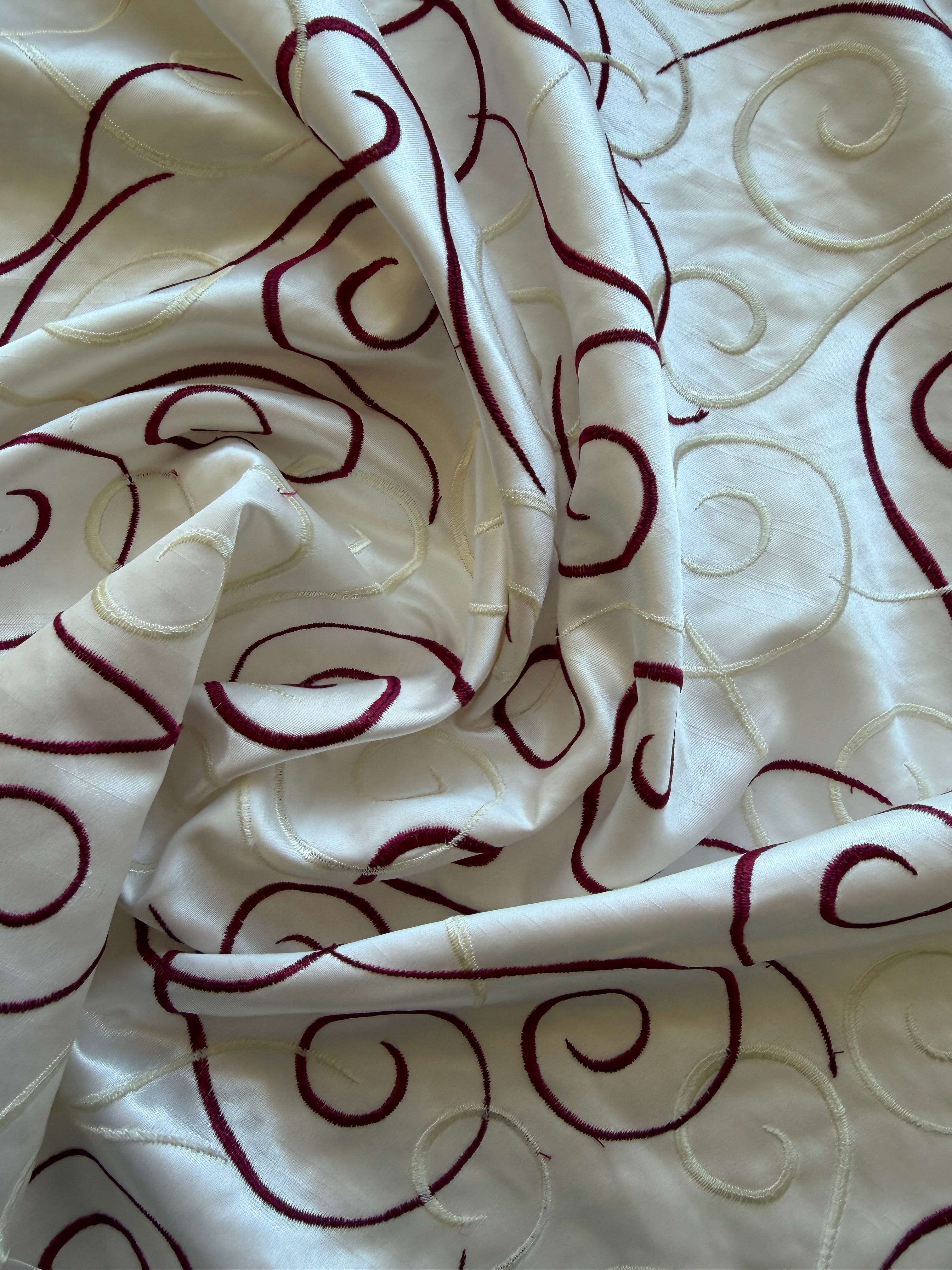 Austrian Embroidered Satin-Backed Dupion Fabric – Ivory with Ivory & Magenta Swirls | 112 cm Wide