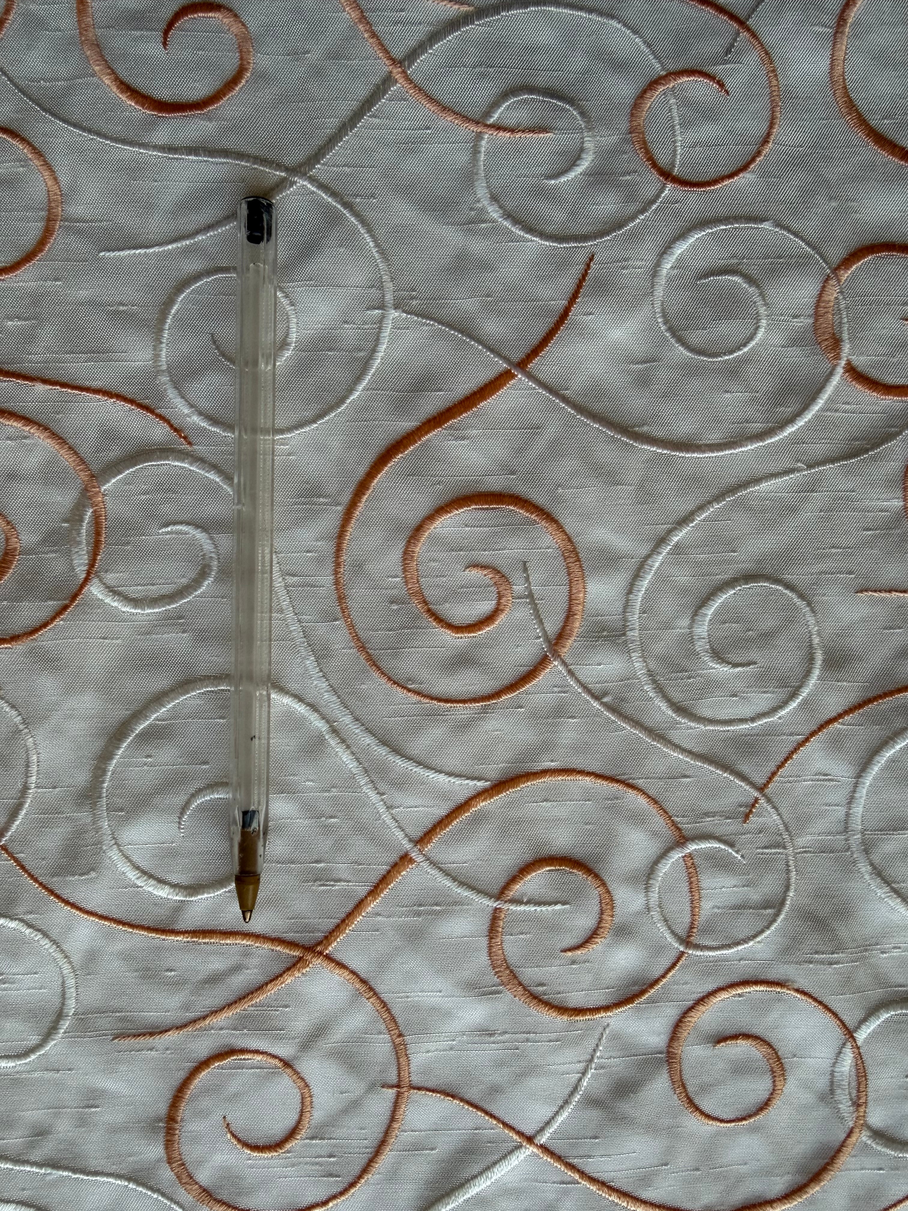 Austrian Embroidered Satin-Backed Dupion Fabric – Ivory with Ochre & Ivory Swirls | 112 cm Wide