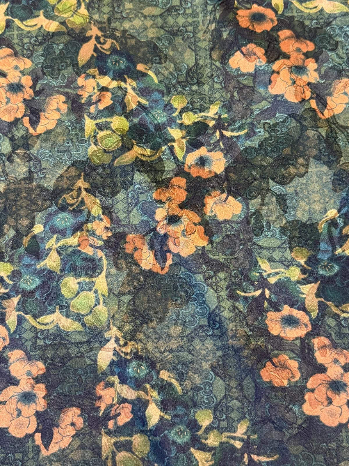 Floral Chinoiserie Polyester Satin Fabric Green | Silky Ladieswear Dress Fabric | 140cm Wide
