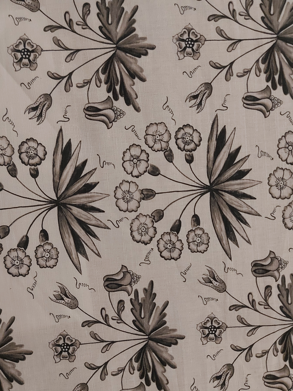 Charcoal On Ivory Floral Sprigs On Linen/Cotton