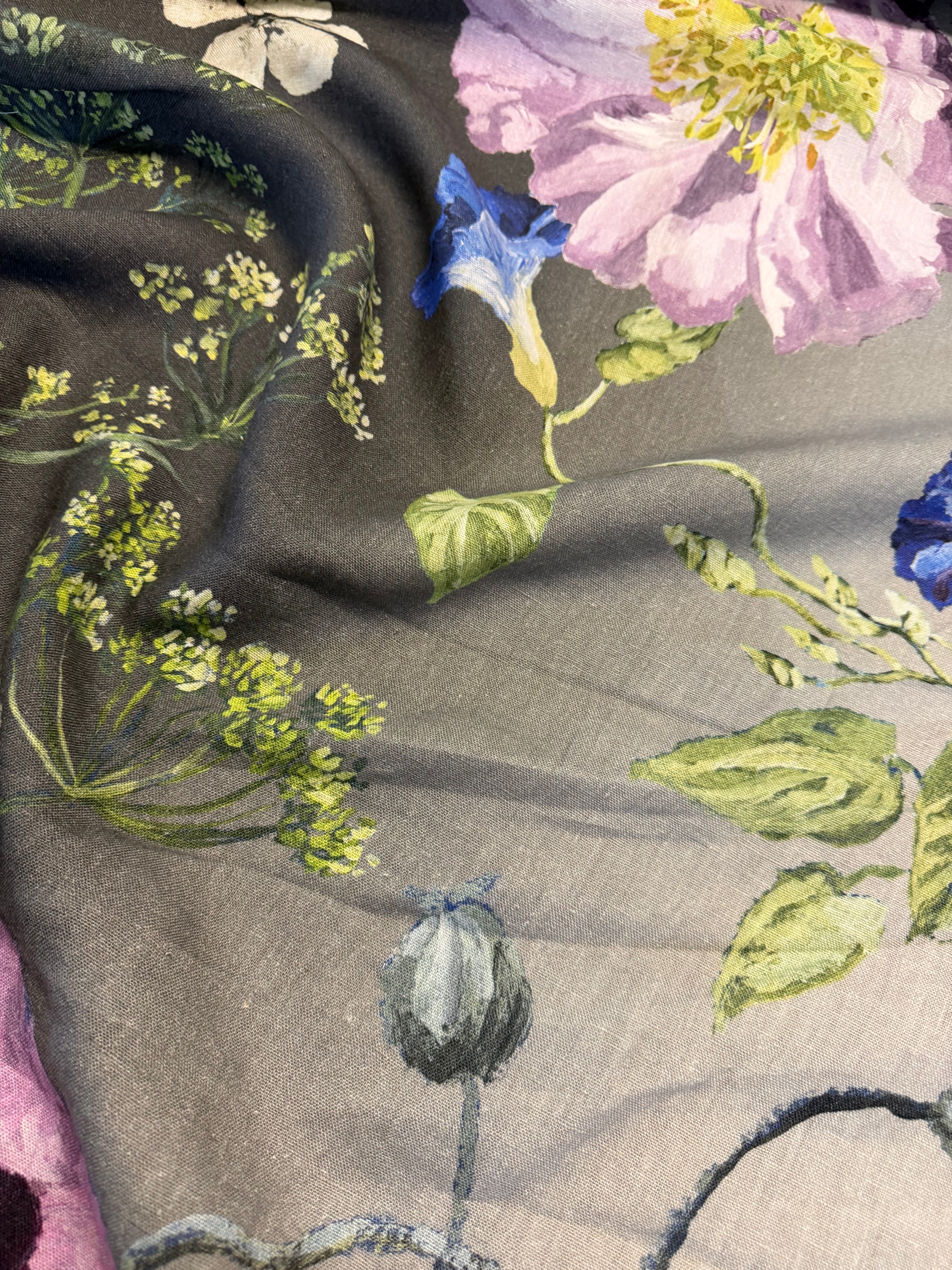 Botanical Printed Linen Fabric – Pink & Blue Floral Ombre – 140cm Wide