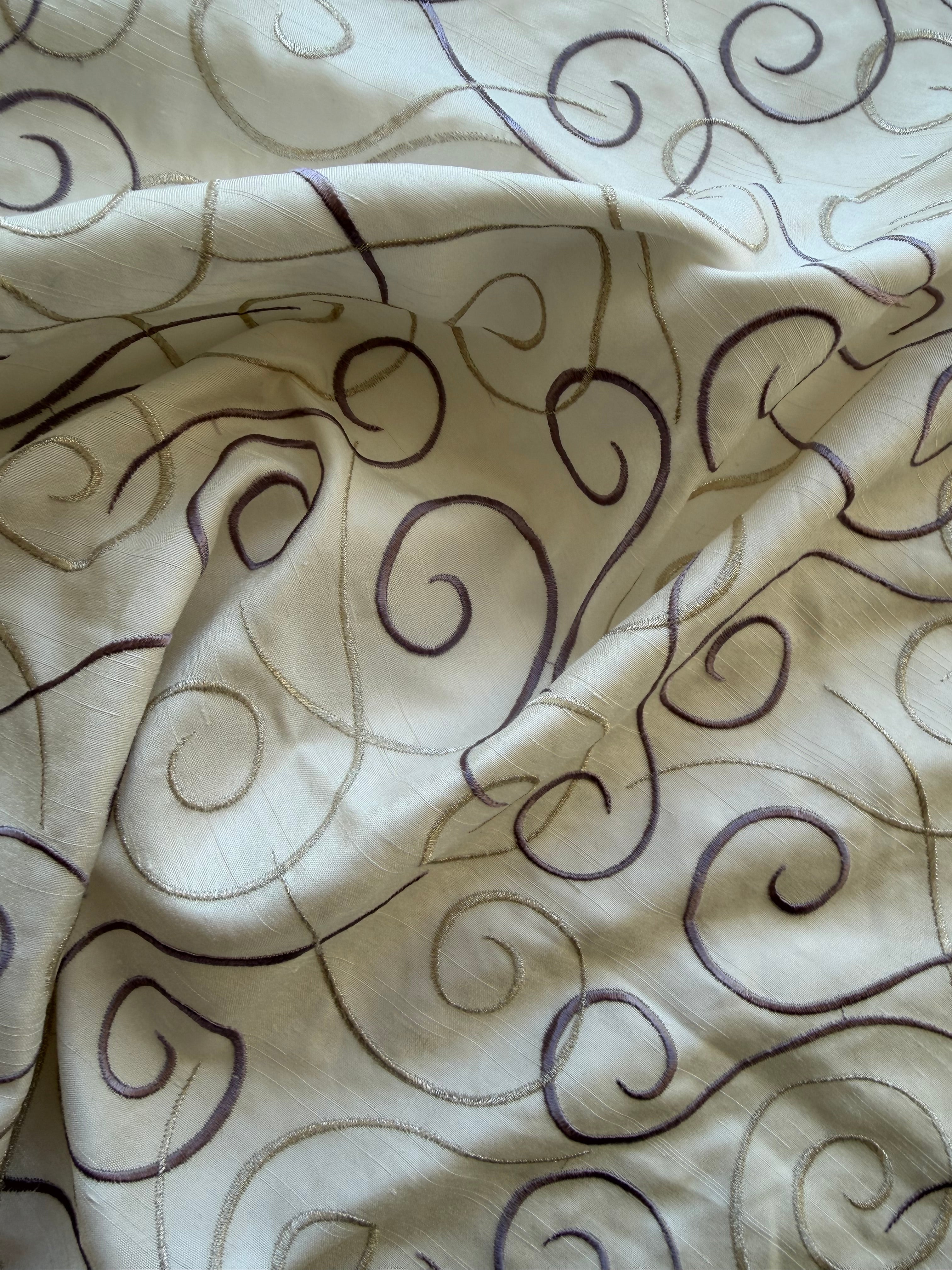 Austrian Embroidered Satin-Backed Dupion Fabric – Ivory with Gold  Purple Swirls | 112 cm Wide
