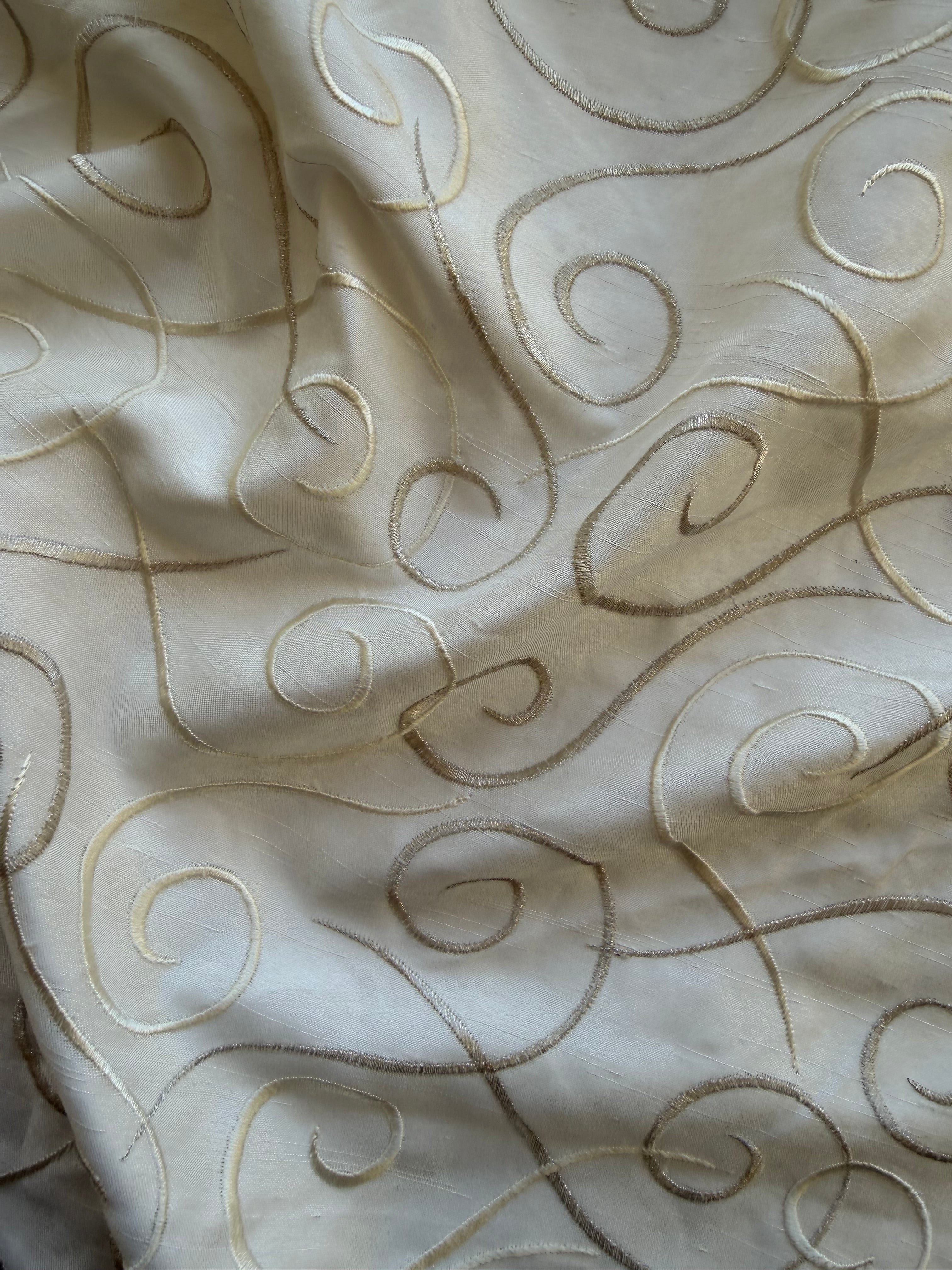 Austrian Embroidered Satin-Backed Dupion Fabric – Ivory with Gold & Champagne Swirls | 112 cm Wide