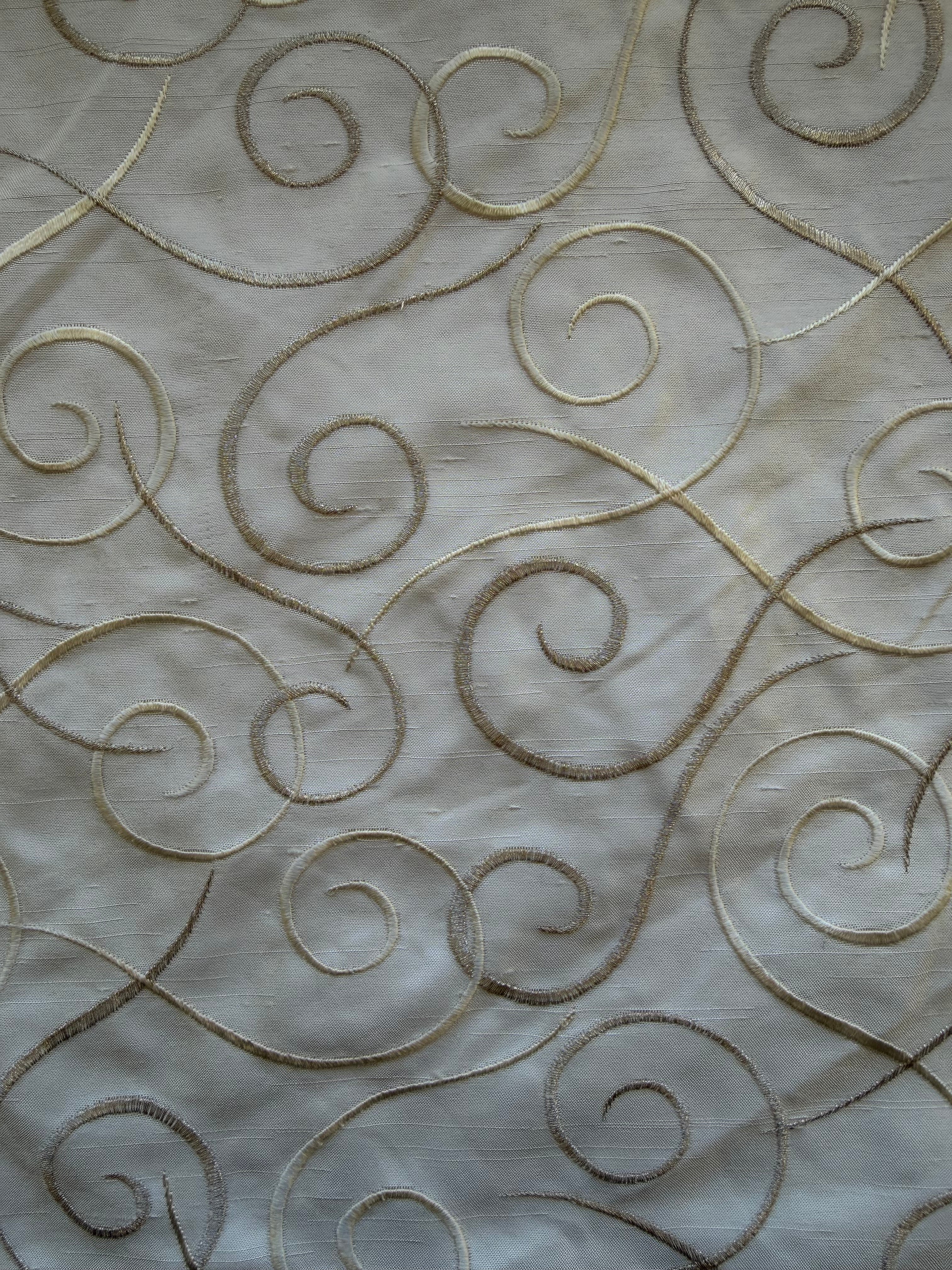 Austrian Embroidered Satin-Backed Dupion Fabric – Ivory with Gold & Champagne Swirls | 112 cm Wide