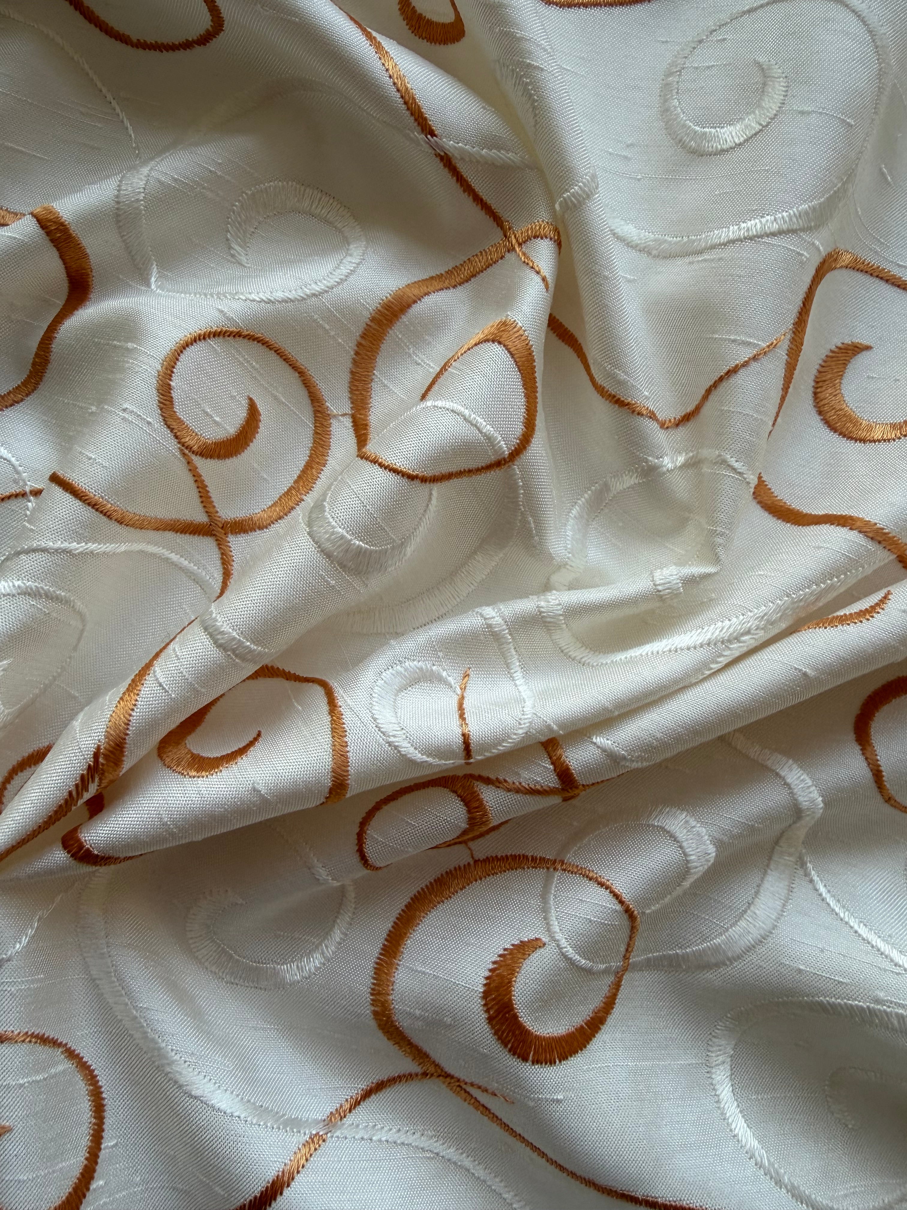 Austrian Embroidered Satin-Backed Dupion Fabric – Ivory with Ivory & Raspberry Swirls | 112 cm Wide