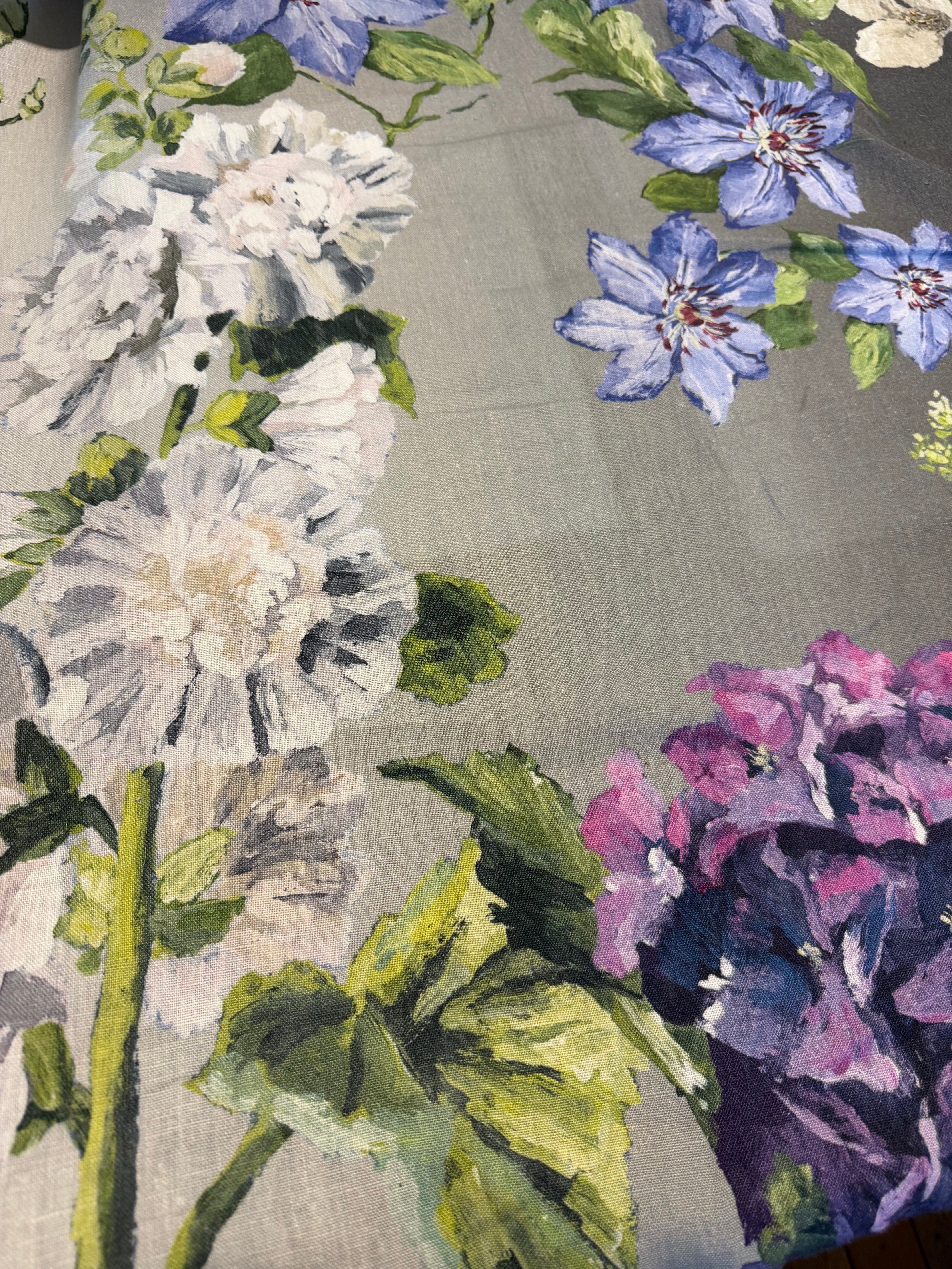 Botanical Printed Linen Fabric – Pink & Blue Floral Ombre – 140cm Wide