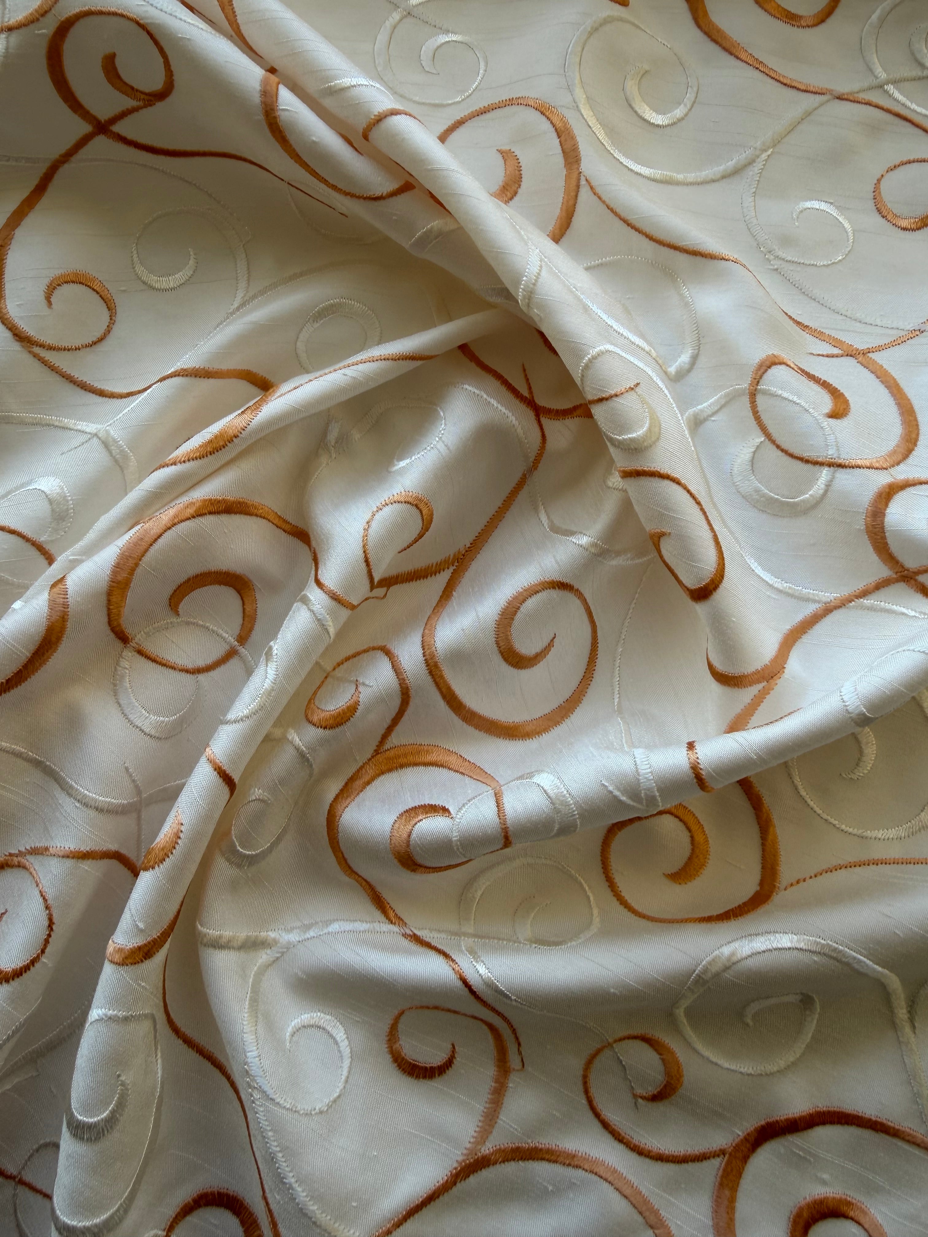 Austrian Embroidered Satin-Backed Dupion Fabric – Ivory with Ivory & Ochre Swirls | 112 cm Wide